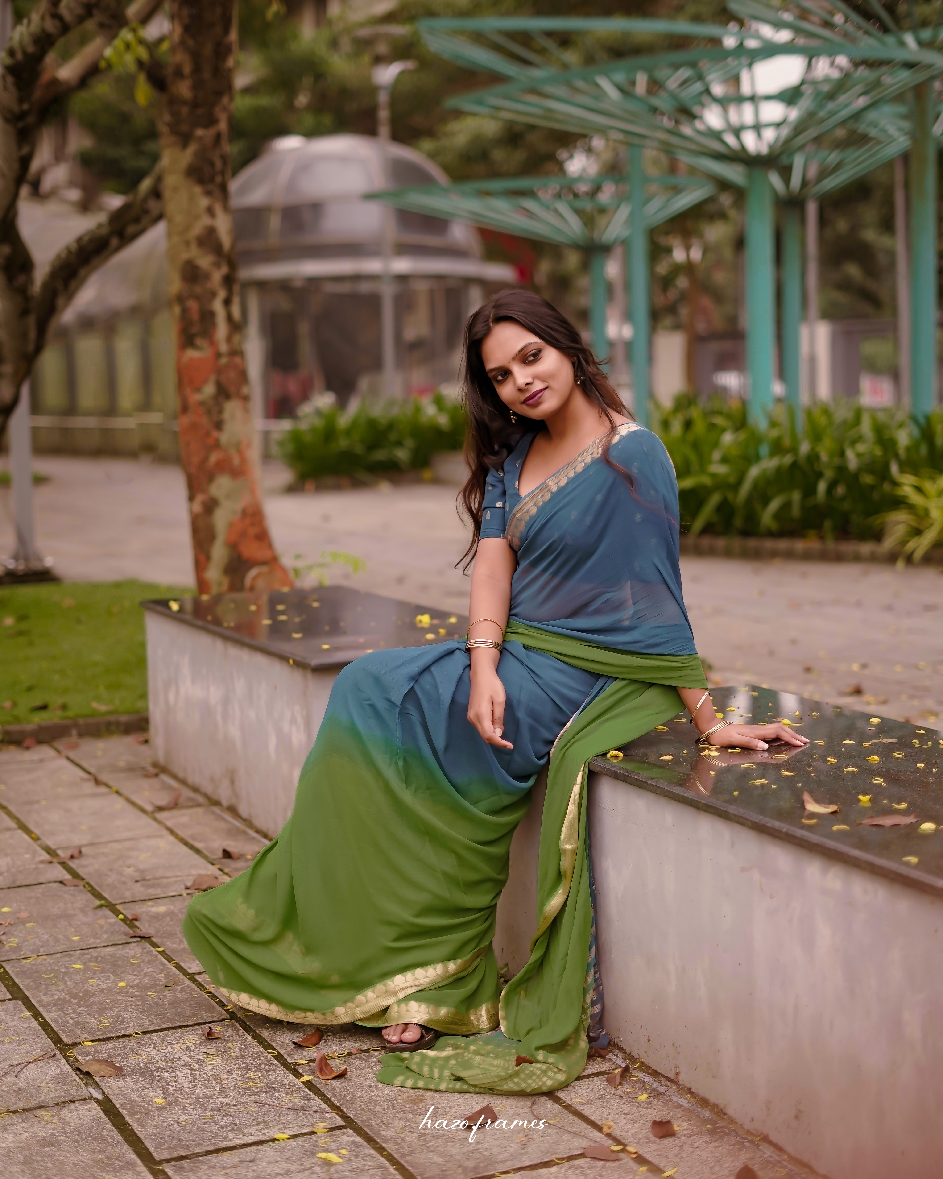 BLUE- GREEN VISCOSE GEORGETTE SAREE