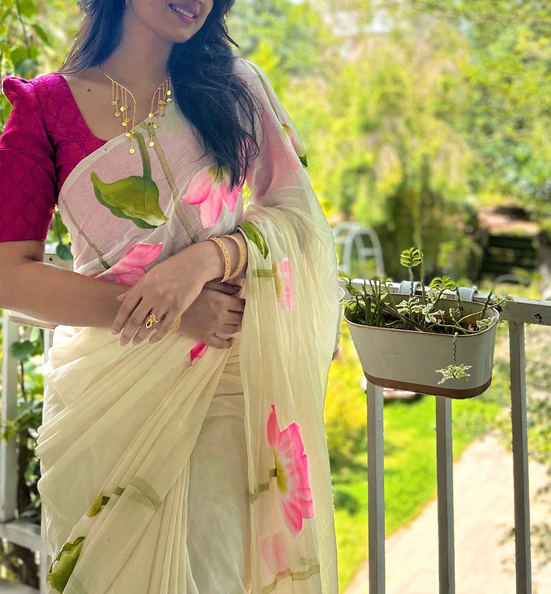 LOTUS HANDPAINTED MULMUL COTTON SAREE- TBS26OHP - PREBOOK