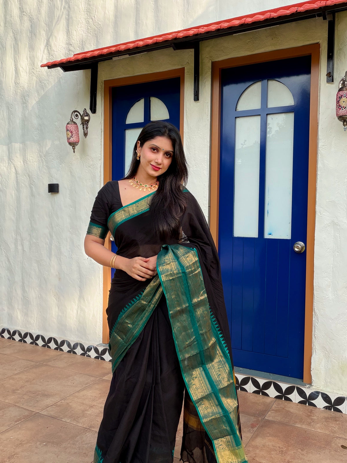 KANCHI COTTON BLACK WITH BLUE BORDER- TBS26KCB