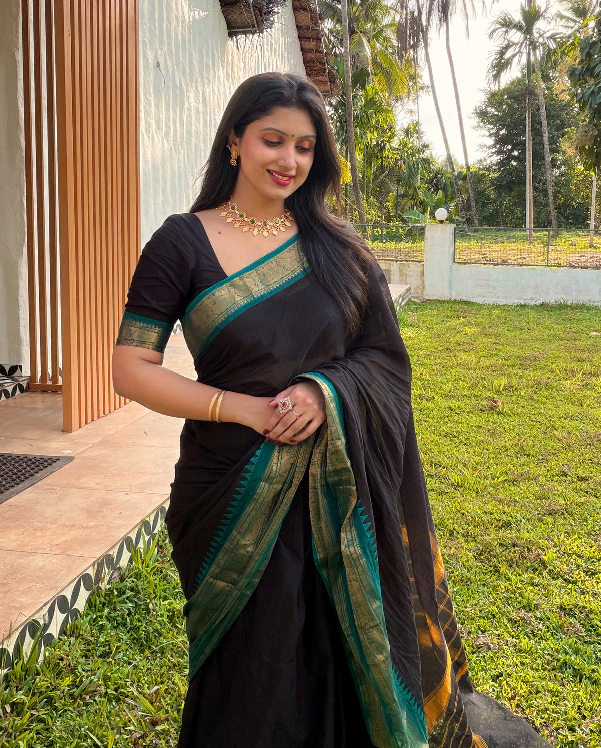 KANCHI COTTON BLACK WITH BLUE BORDER- TBS26KCB