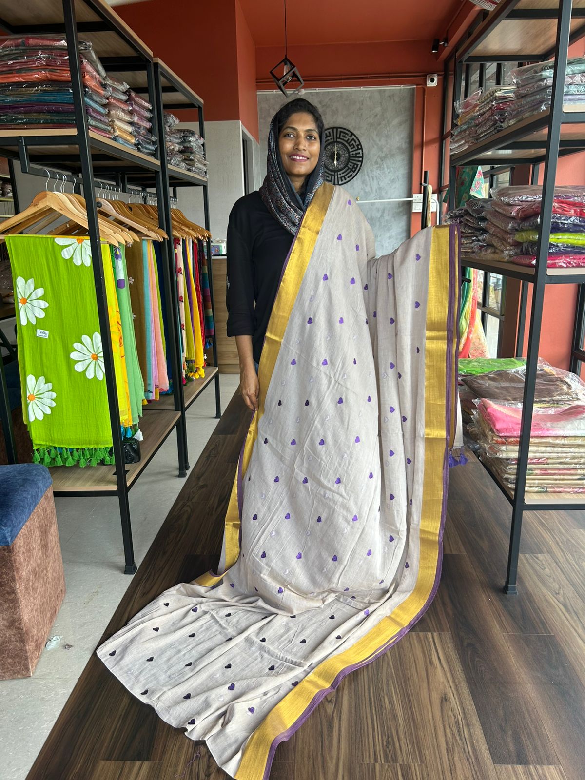 LAVENDER HEART EMBROIDERED MULMUL SAREE
