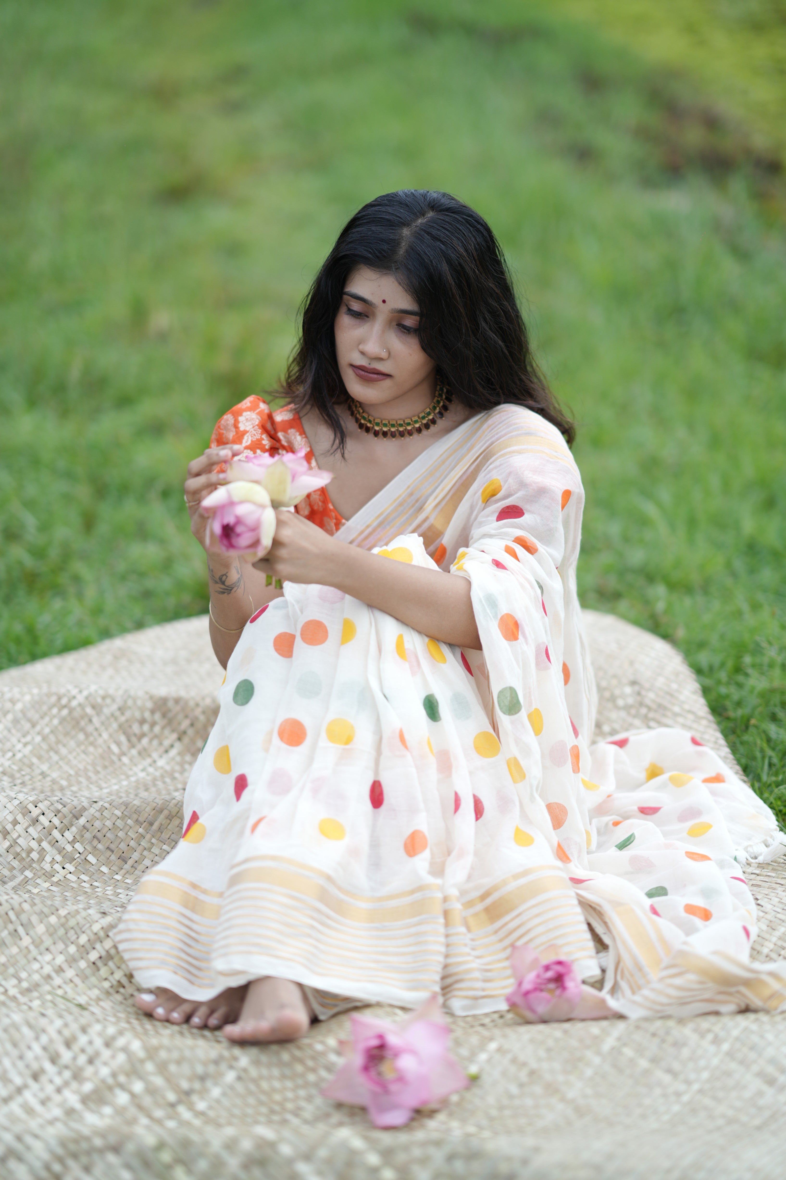 MULMUL SAREE WITH MULTICOLOUR POLKA DOTS - TBS26VC