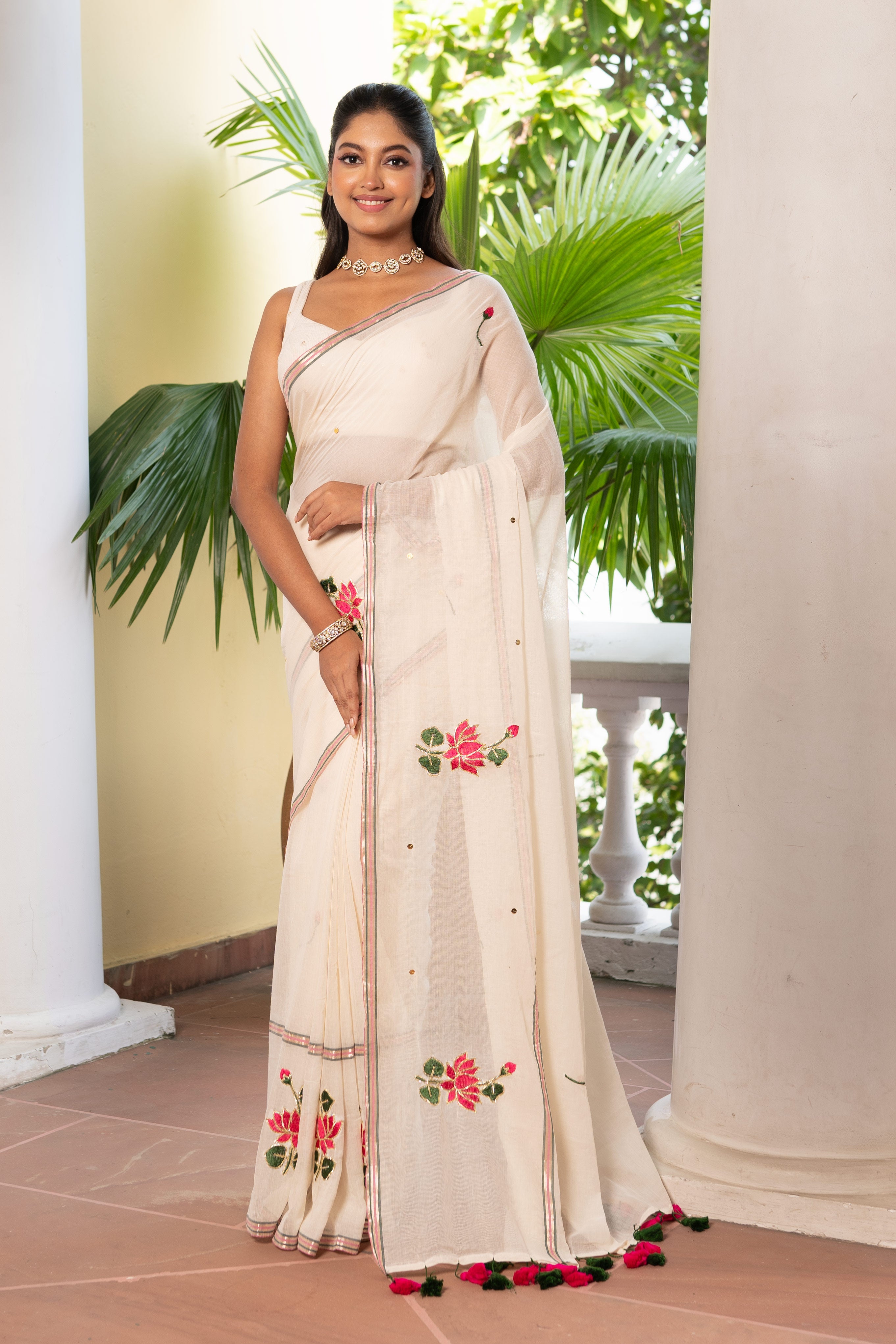 MULMUL SAREE WITH LOTUS EMBROIDERY