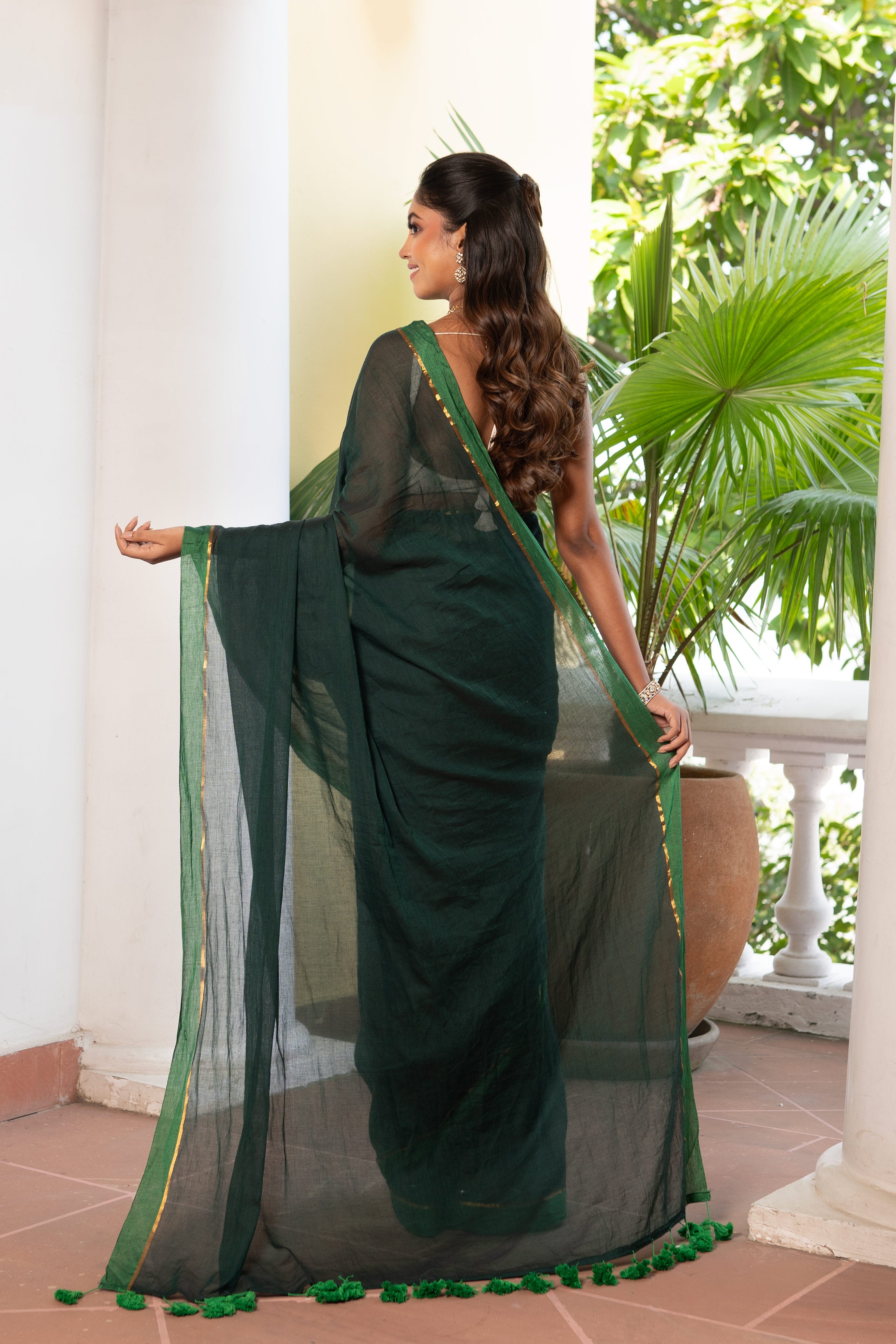 DARK GREEN MULMUL COTTON SAREE