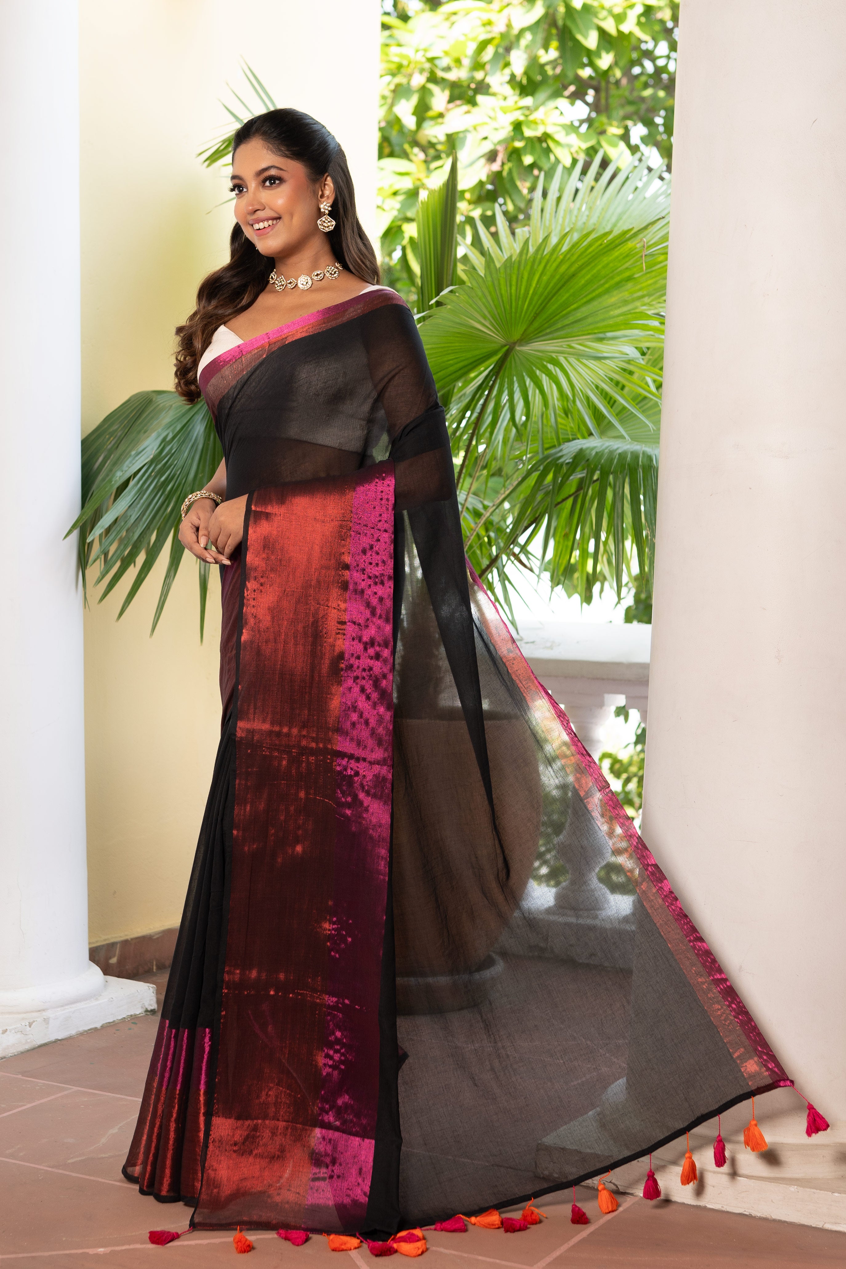 BLACK MULCOTTON WITH PINK & ORANGE BORDER