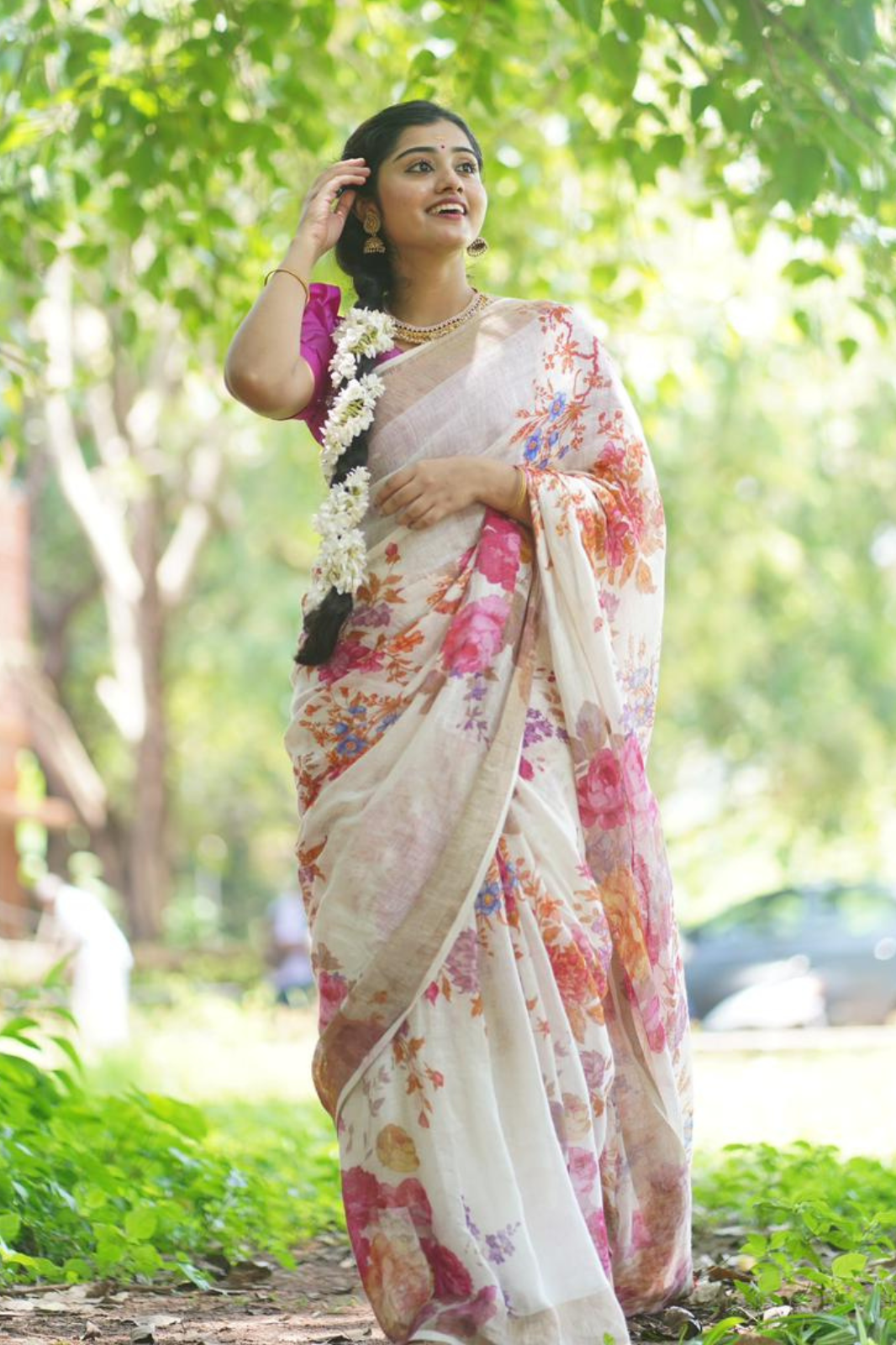 MULTI COLOUR FLORAL PRINTED LINEN SAREE