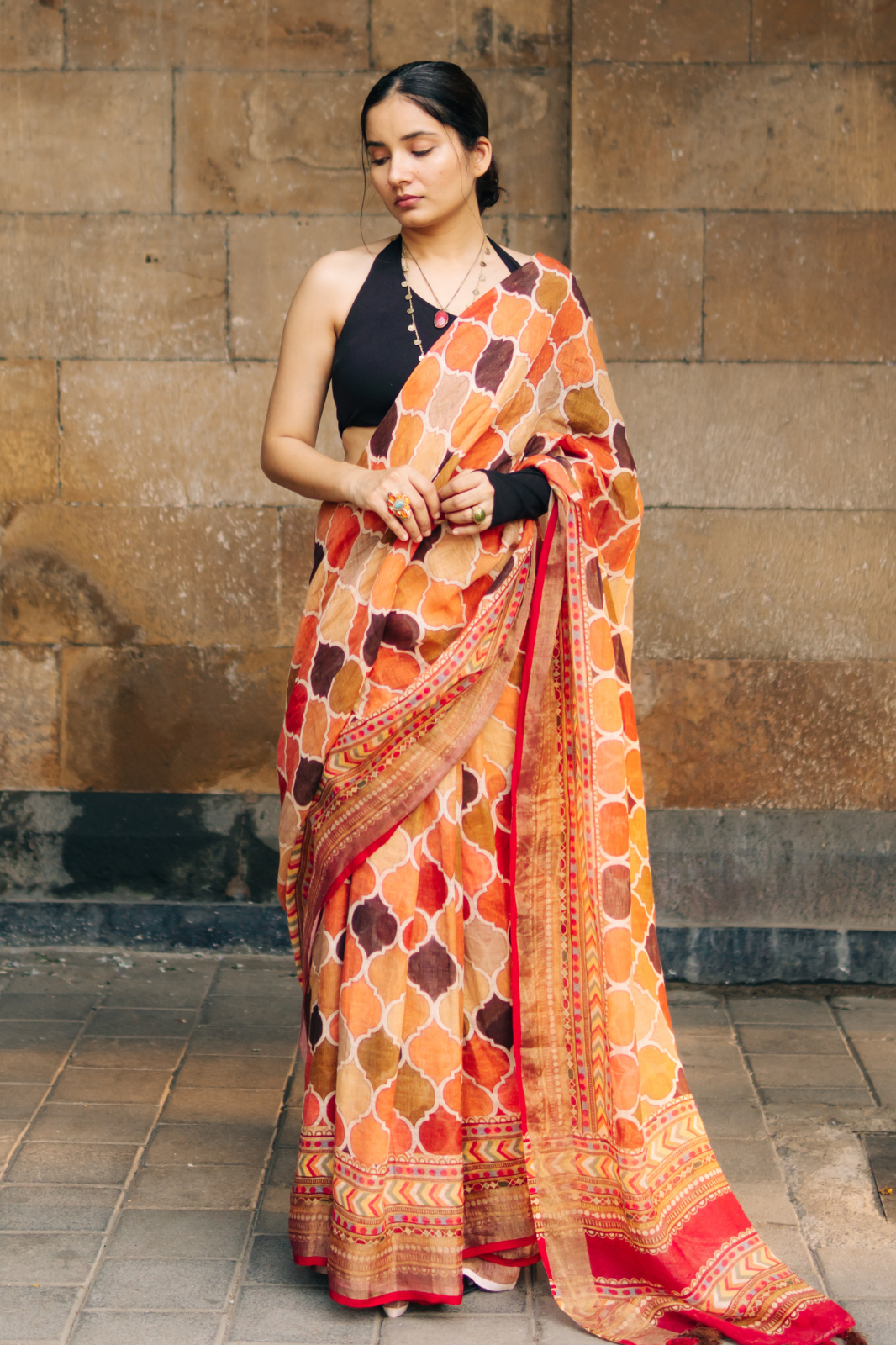 MULTI COLOUR AJRAKH PATTERN PRINTED LINEN SAREE