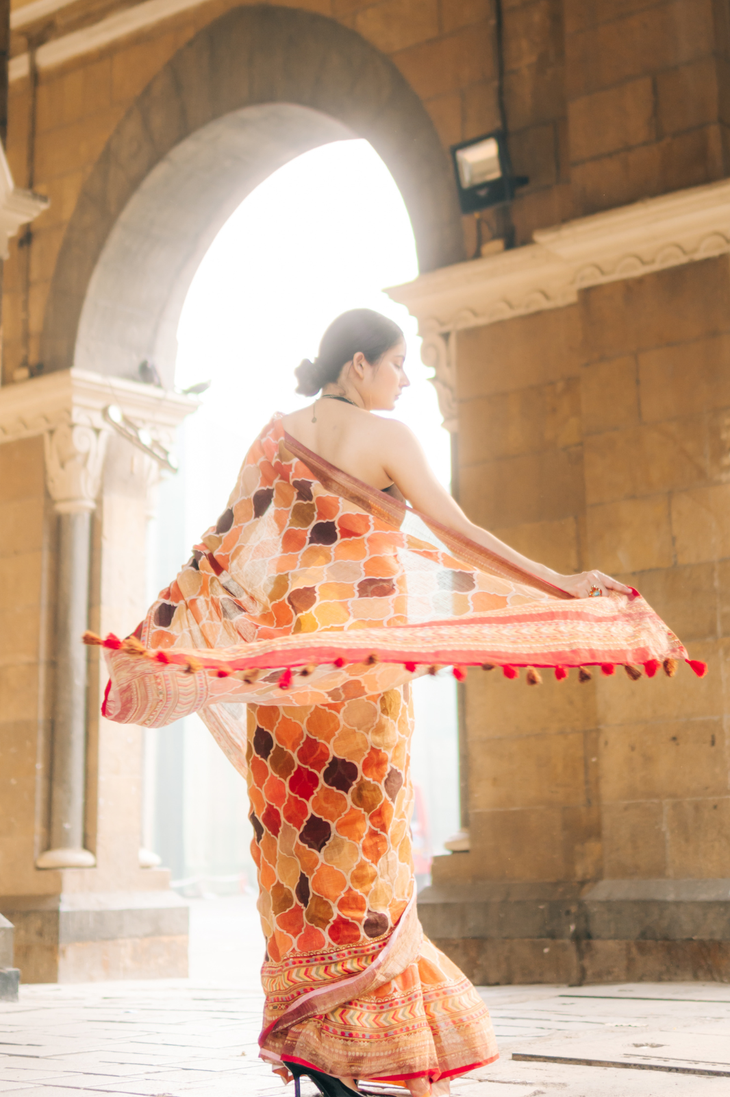 MULTI COLOUR AJRAKH PATTERN PRINTED LINEN SAREE