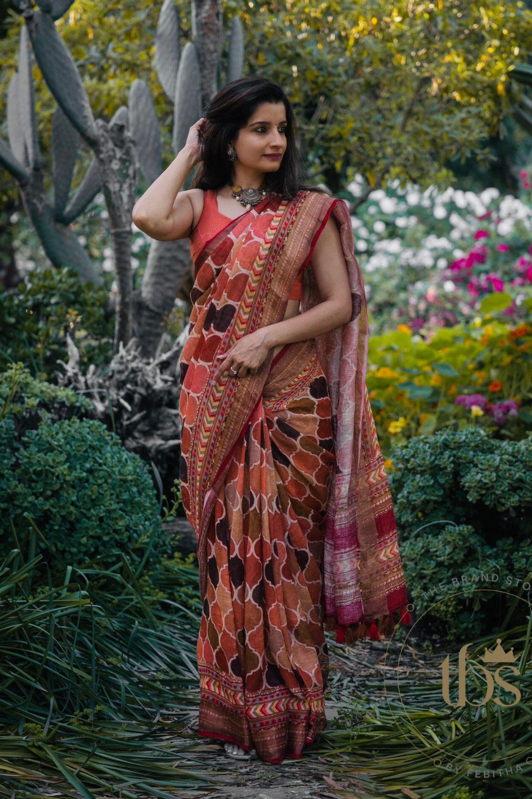 MULTI COLOUR AJRAKH PATTERN PRINTED LINEN SAREE