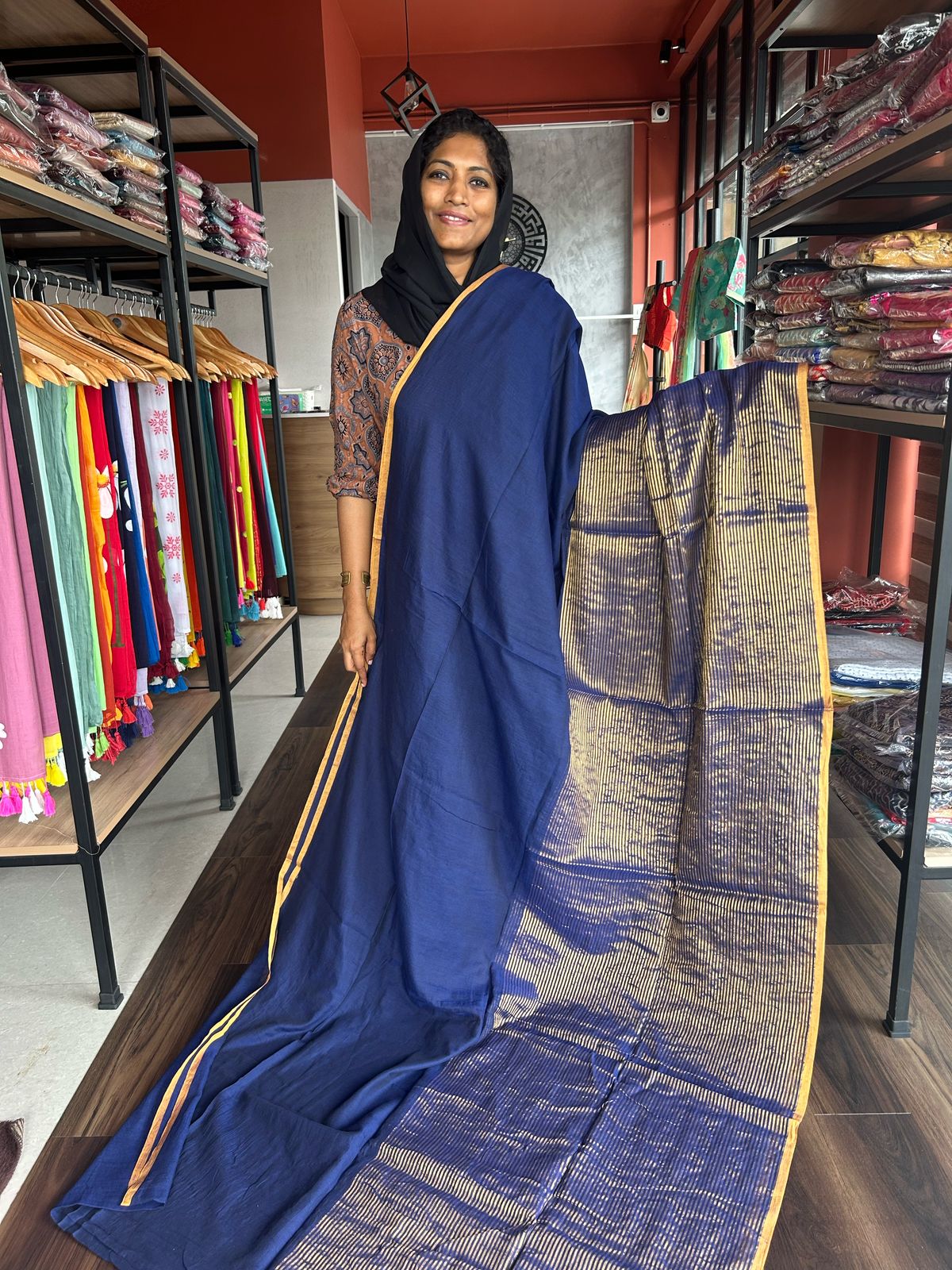 DARK BLUE MULMUL DESIGNER SAREE