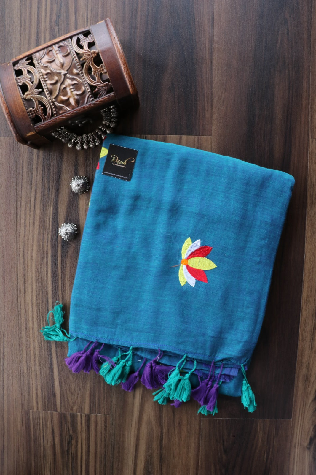 BLUE MULMUL WITH LOTUS EMBROIDERY