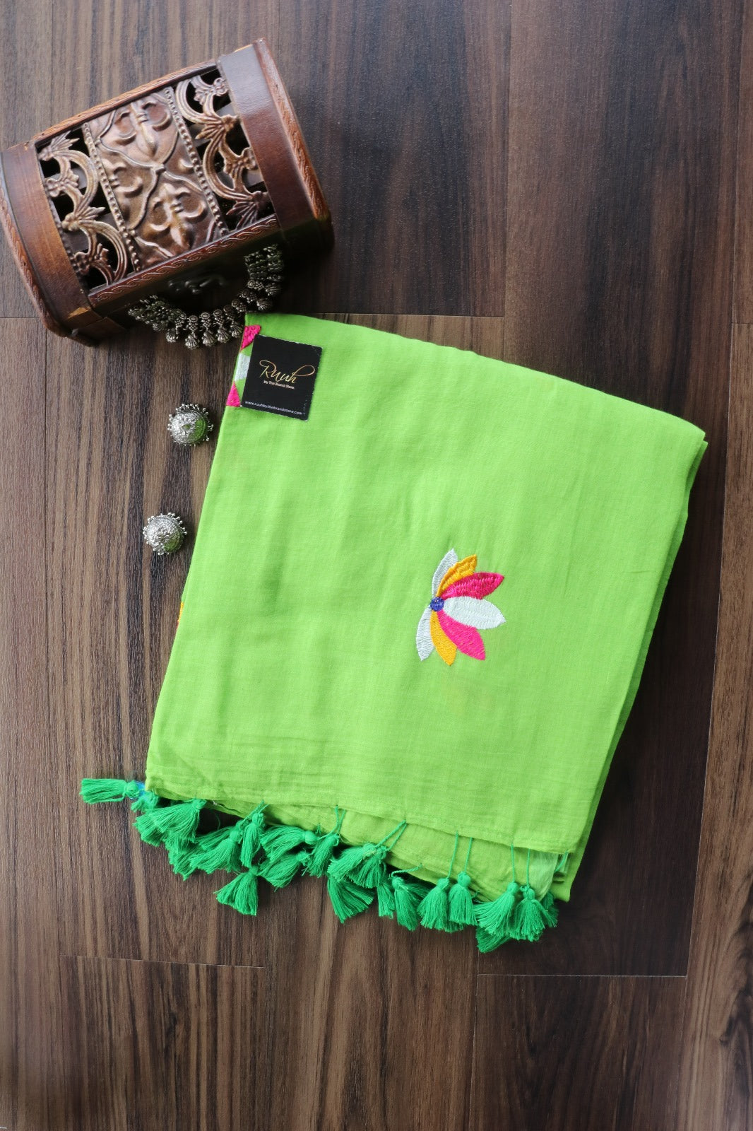 LIGHT GREEN MULMUL WITH LOTUS EMBROIDERY