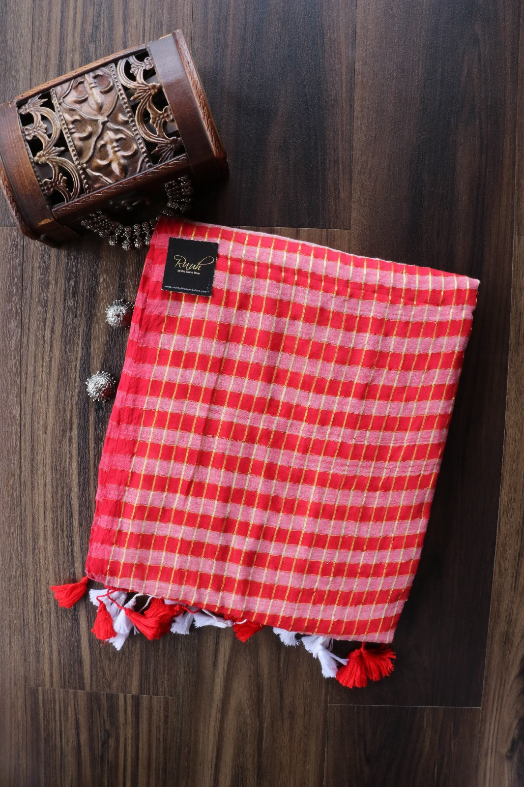 RED MUL COTTON WITH GOLDEN ZARI CHECK