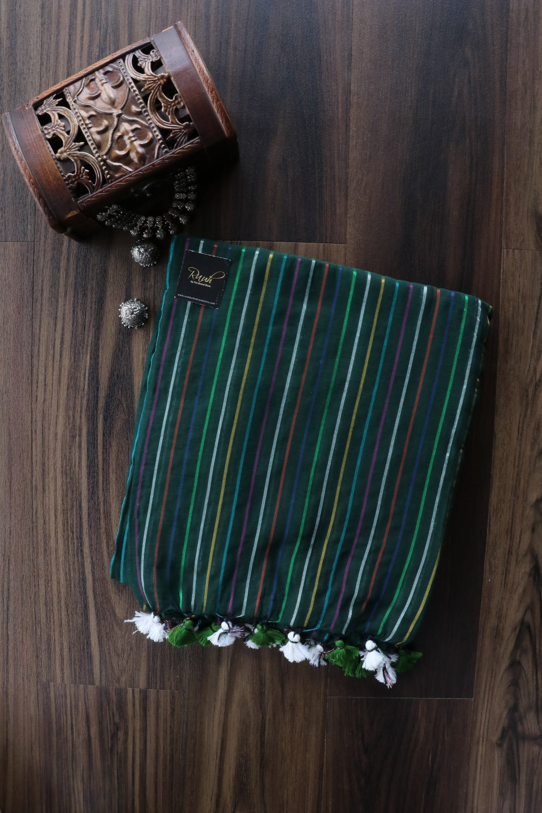 GREEN MULMUL COTTON SAREE WITH MULTICOLOUR STRIPES