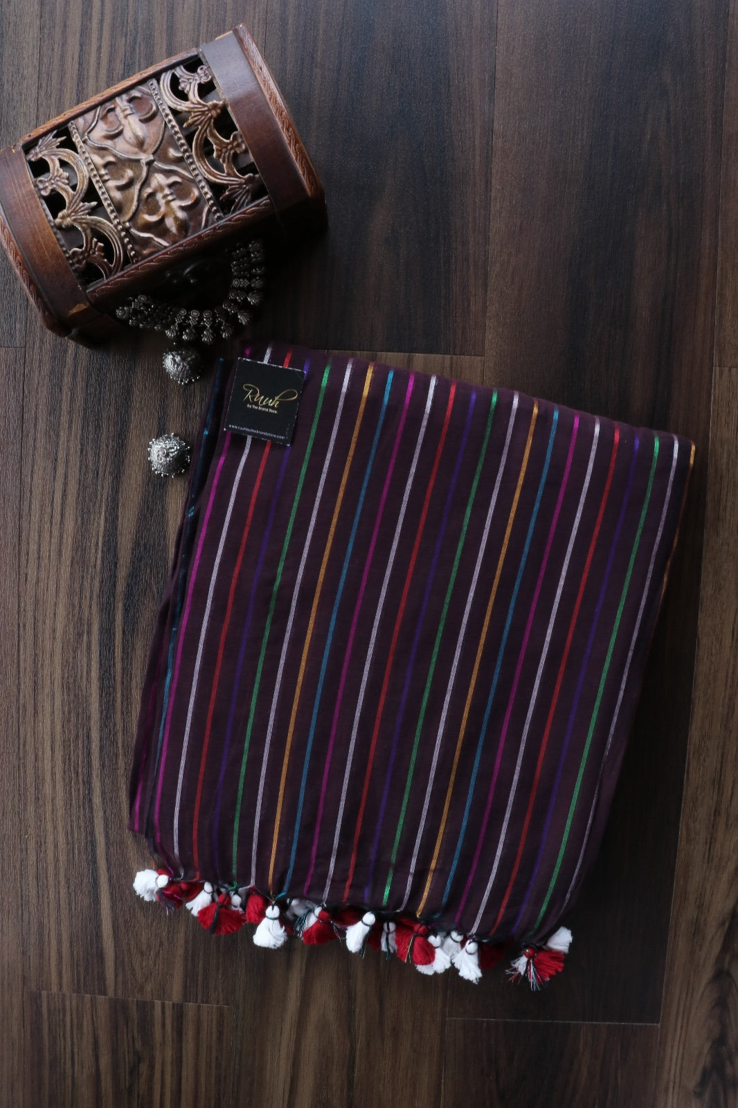 WINE MULMUL COTTON SAREE WITH MULTICOLOUR STRIPES
