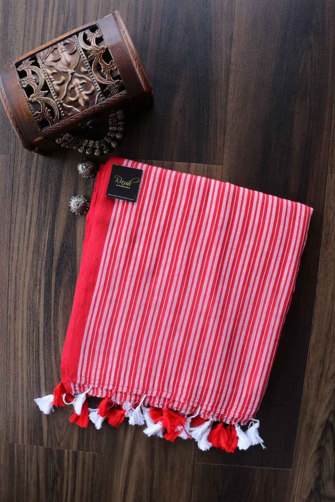 RED MULMUL SAREE WITH STRIPE BORDERS
