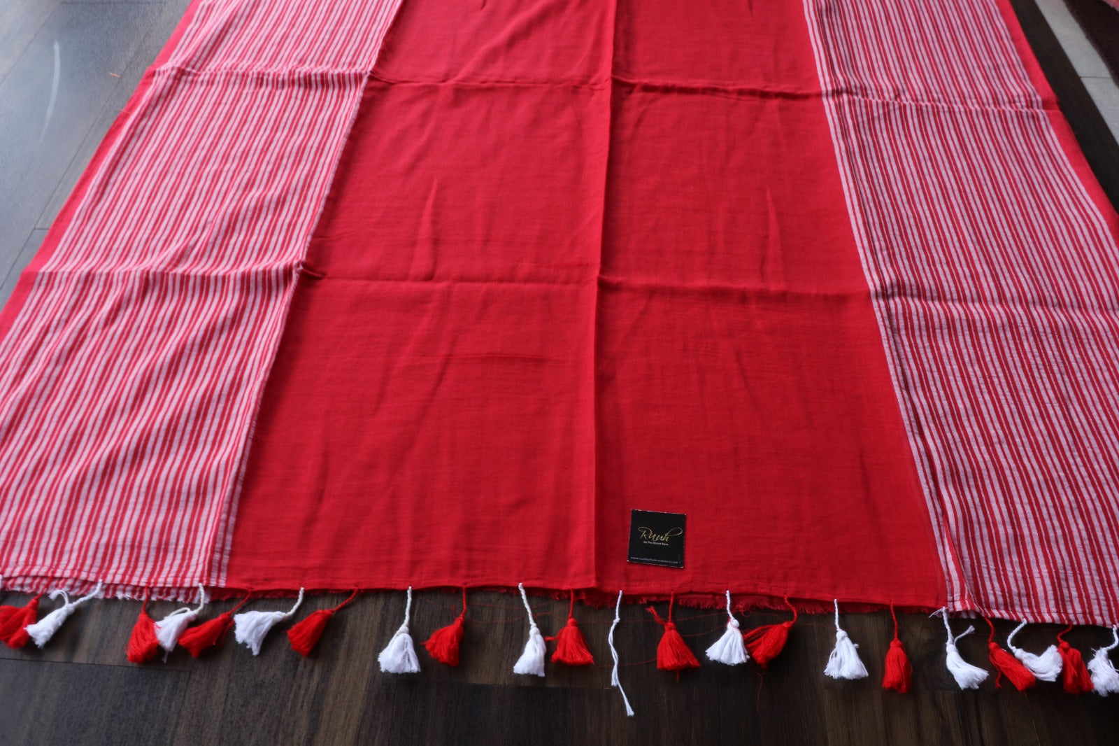 RED MULMUL SAREE WITH STRIPE BORDERS