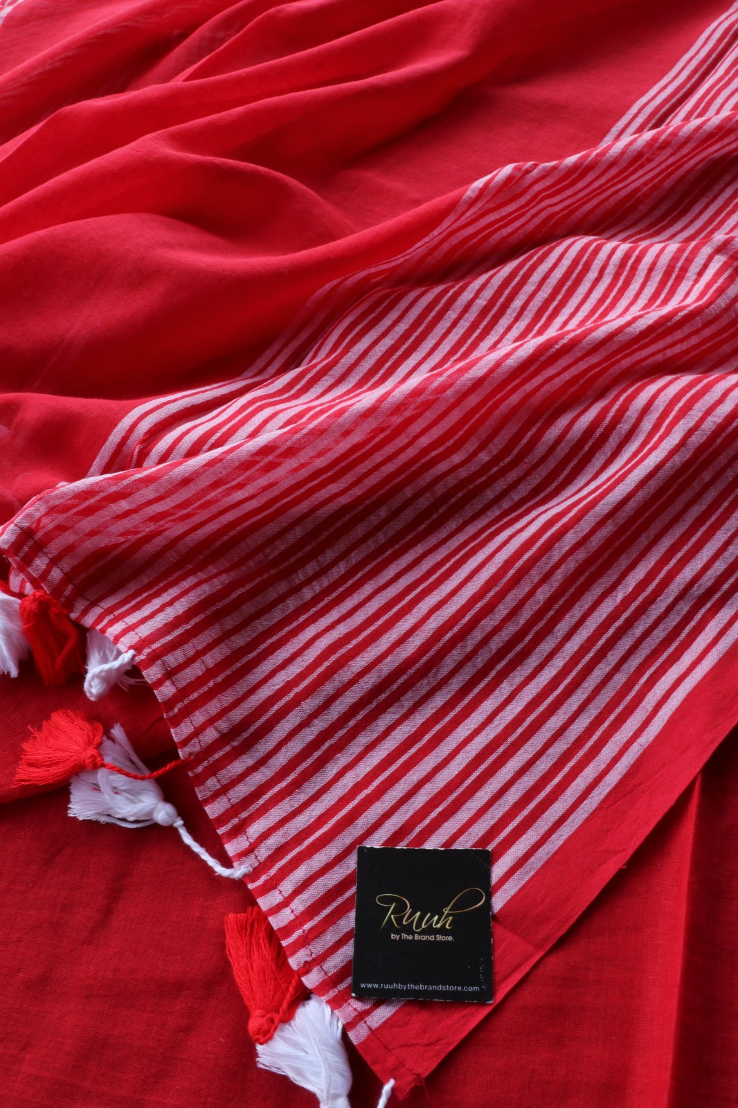 RED MULMUL SAREE WITH STRIPE BORDERS
