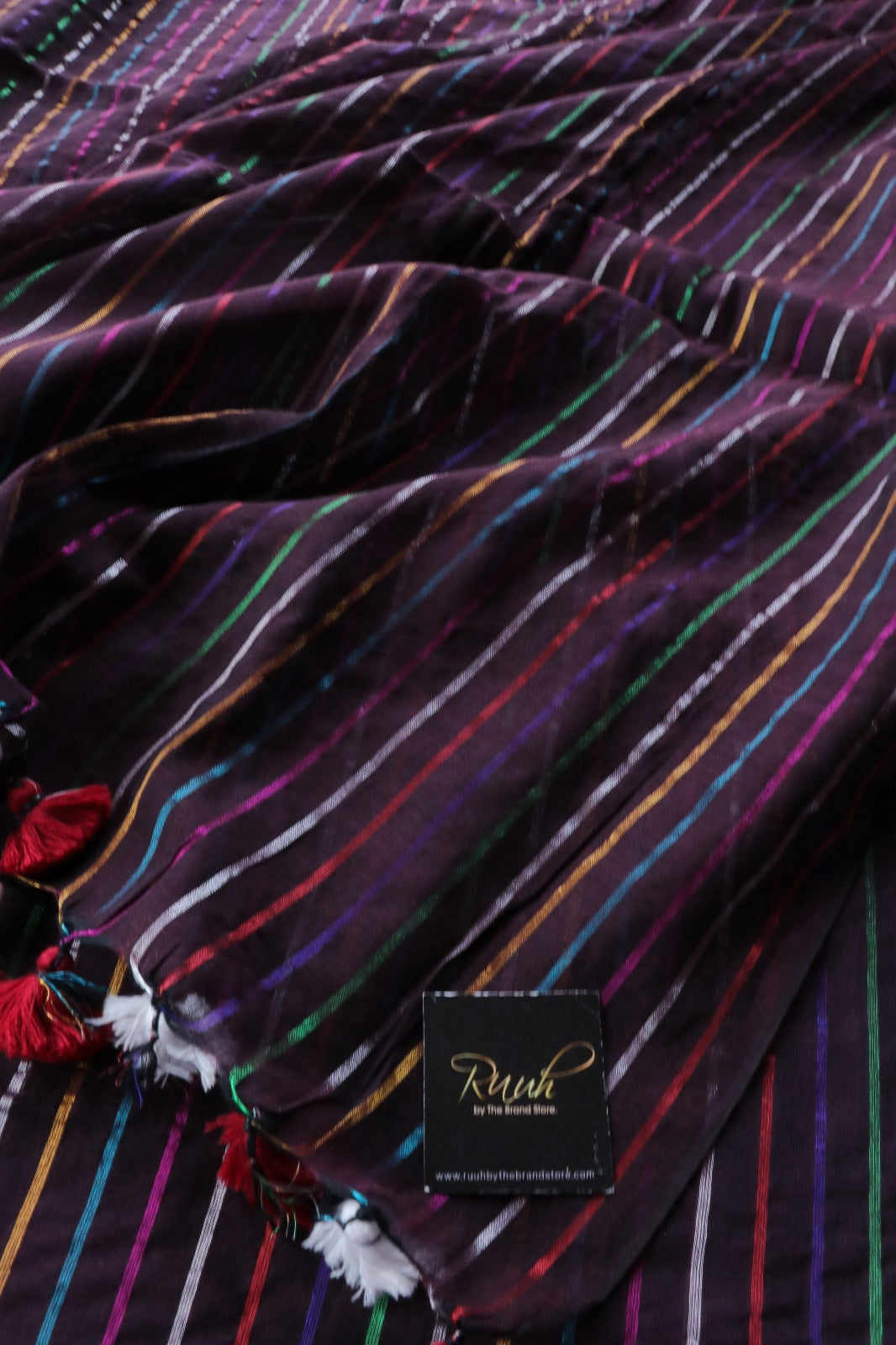 WINE MULMUL COTTON SAREE WITH MULTICOLOUR STRIPES