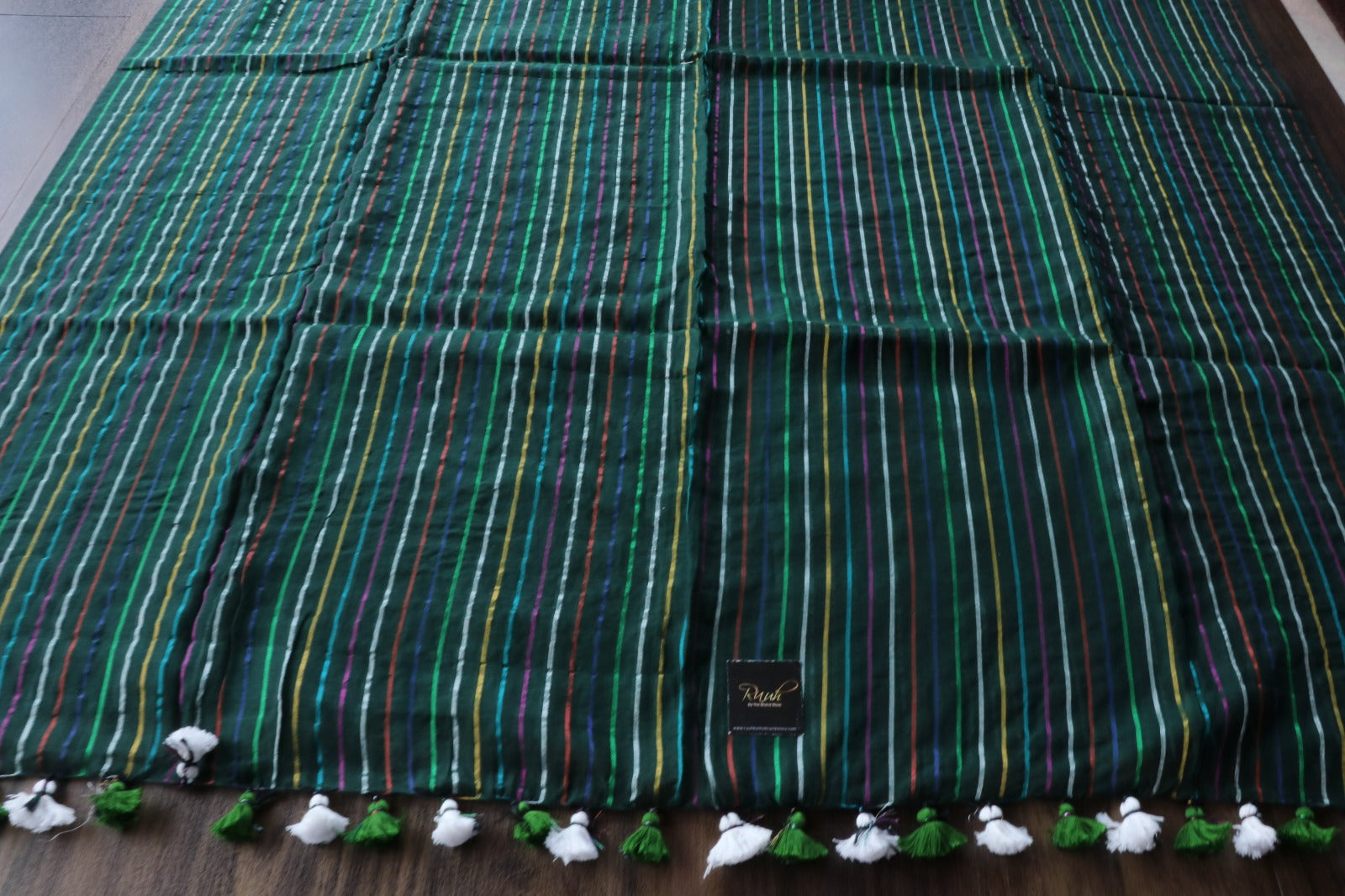 GREEN MULMUL COTTON SAREE WITH MULTICOLOUR STRIPES
