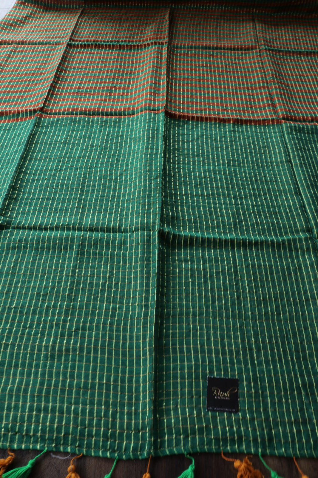 DARK GREEN MUL COTTON WITH GOLDEN ZARI CHECK