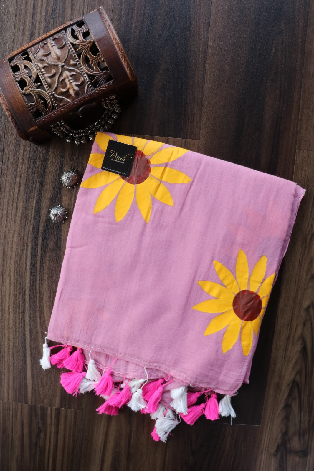 PINK MULMUL SUNFLOWER HANDPAINTED SAREE