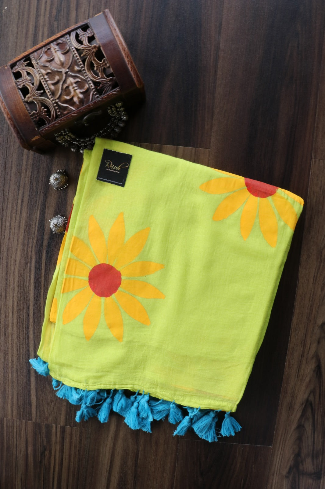 NEON MULMUL SUNFLOWER HANDPAINTED SAREE