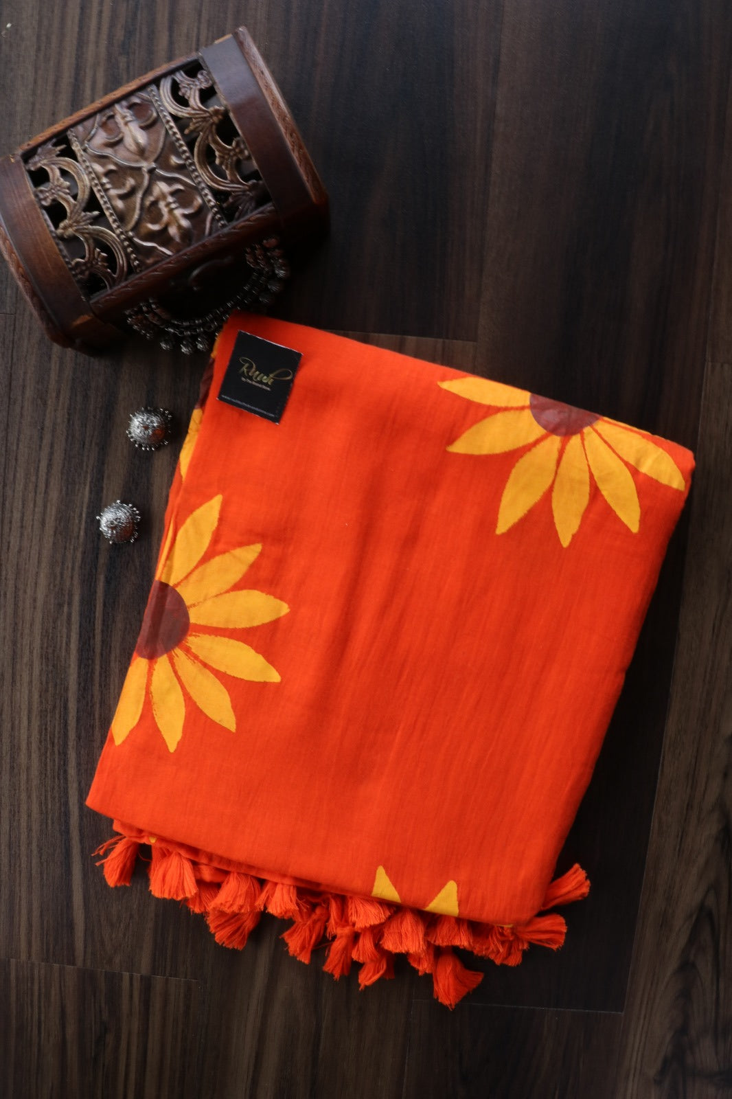 RUST ORANGE MULMUL SUNFLOWER HANDPAINTED SAREE