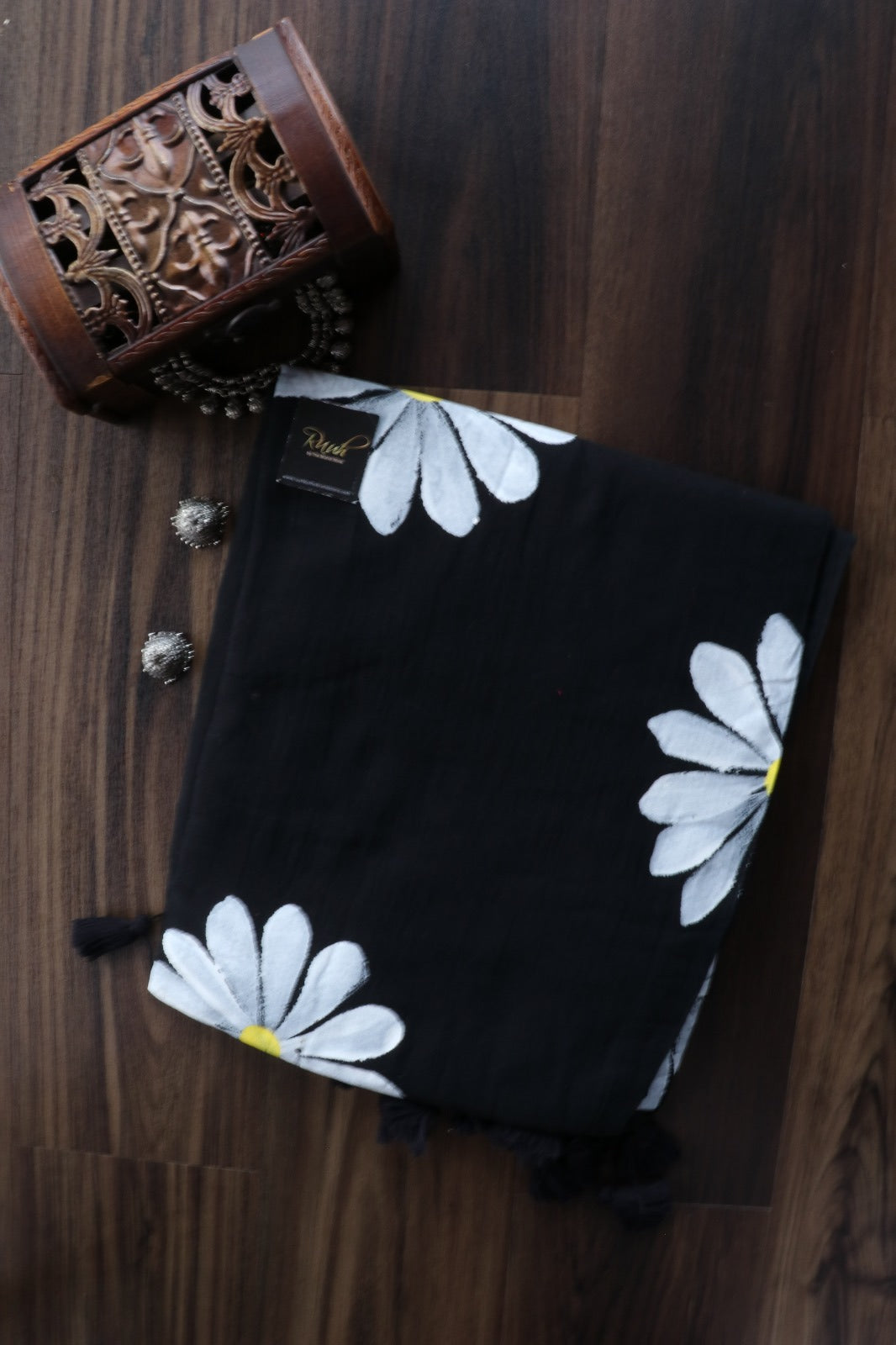 BLACK MULMUL DAISY HANDPAINTED SAREE