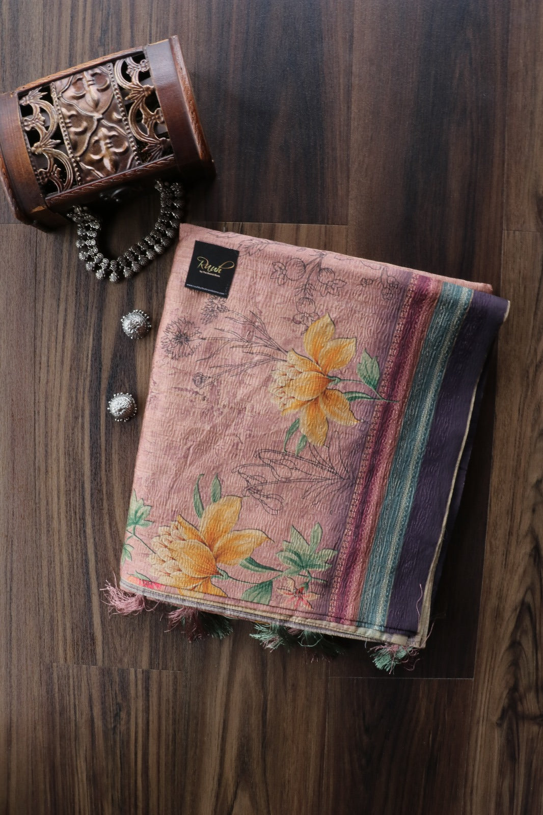 ONION PINK BASE DIGITAL PRINTED CRUSH SILK SAREE