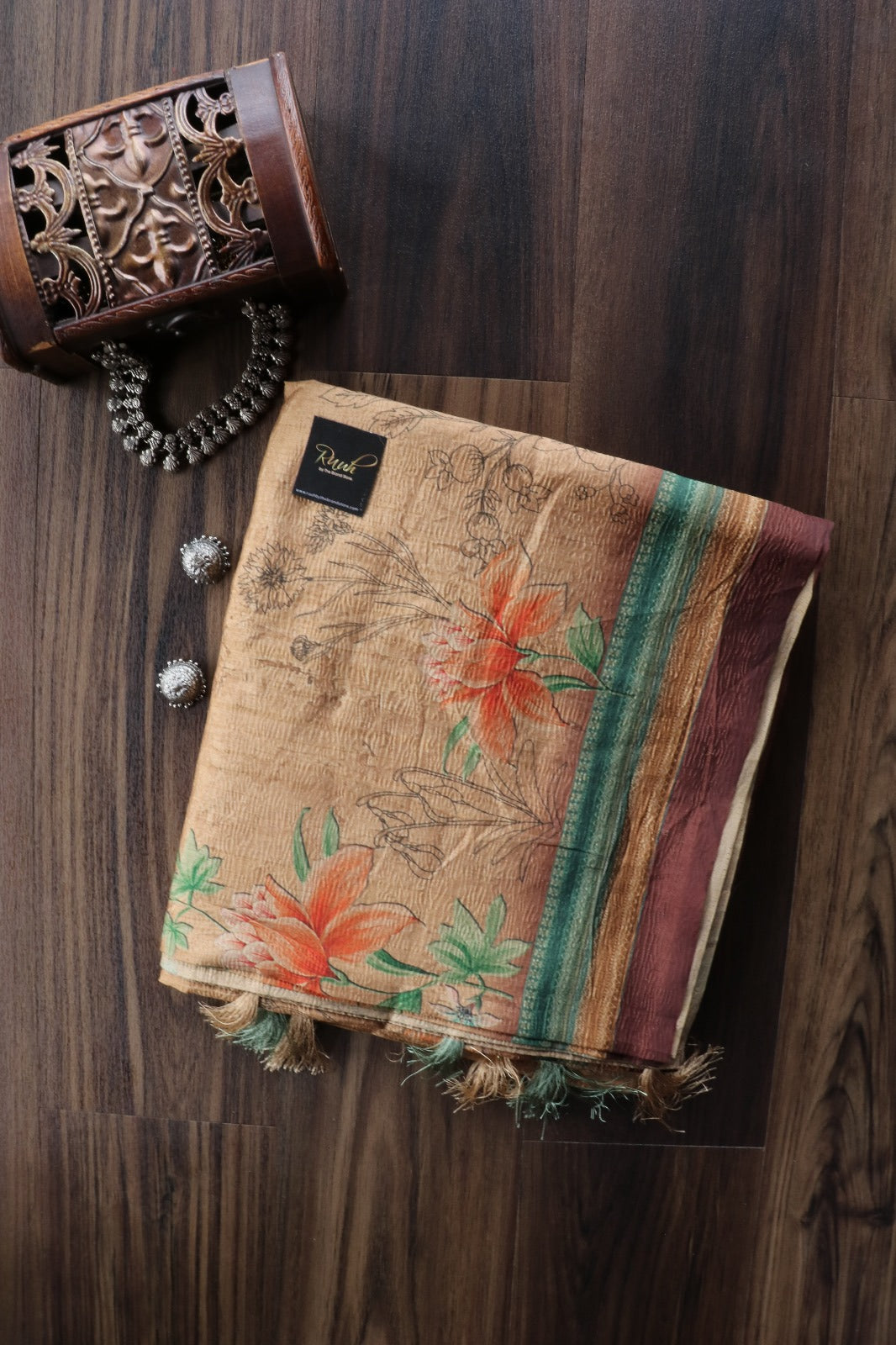 LIGHT BROWN BASE DIGITAL PRINTED CRUSH SILK SAREE