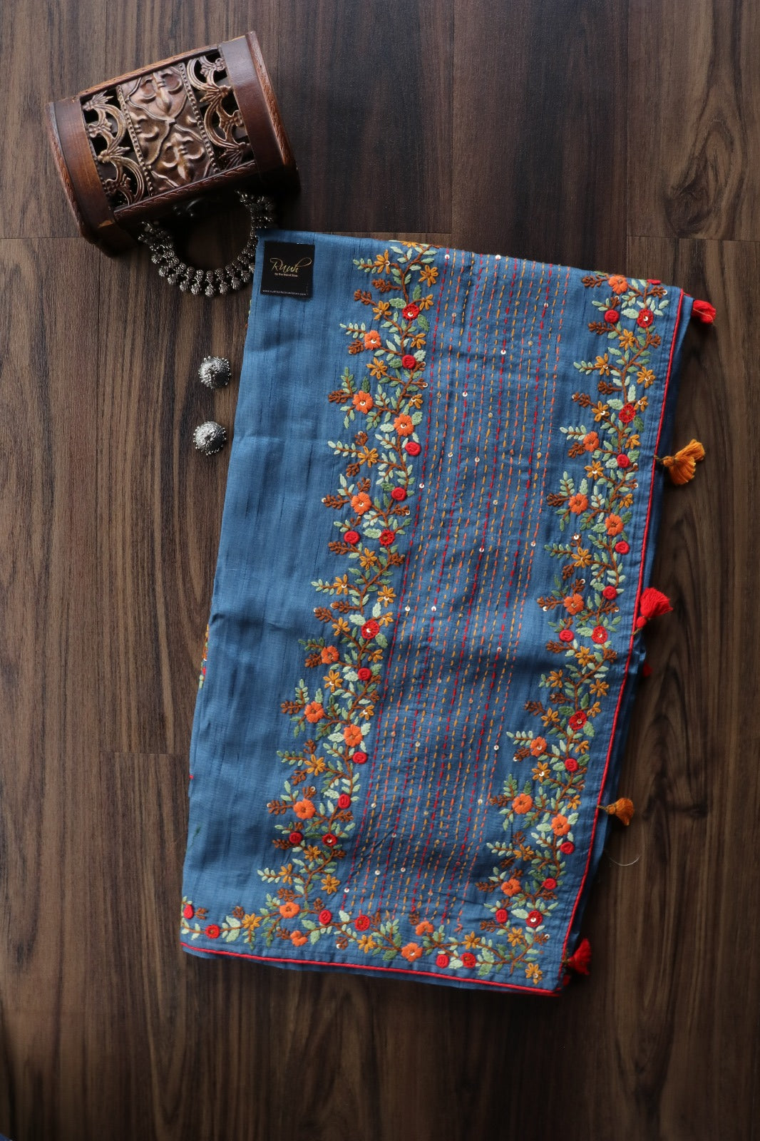 BLUE SEMI TUSSAR WITH HANDWORK