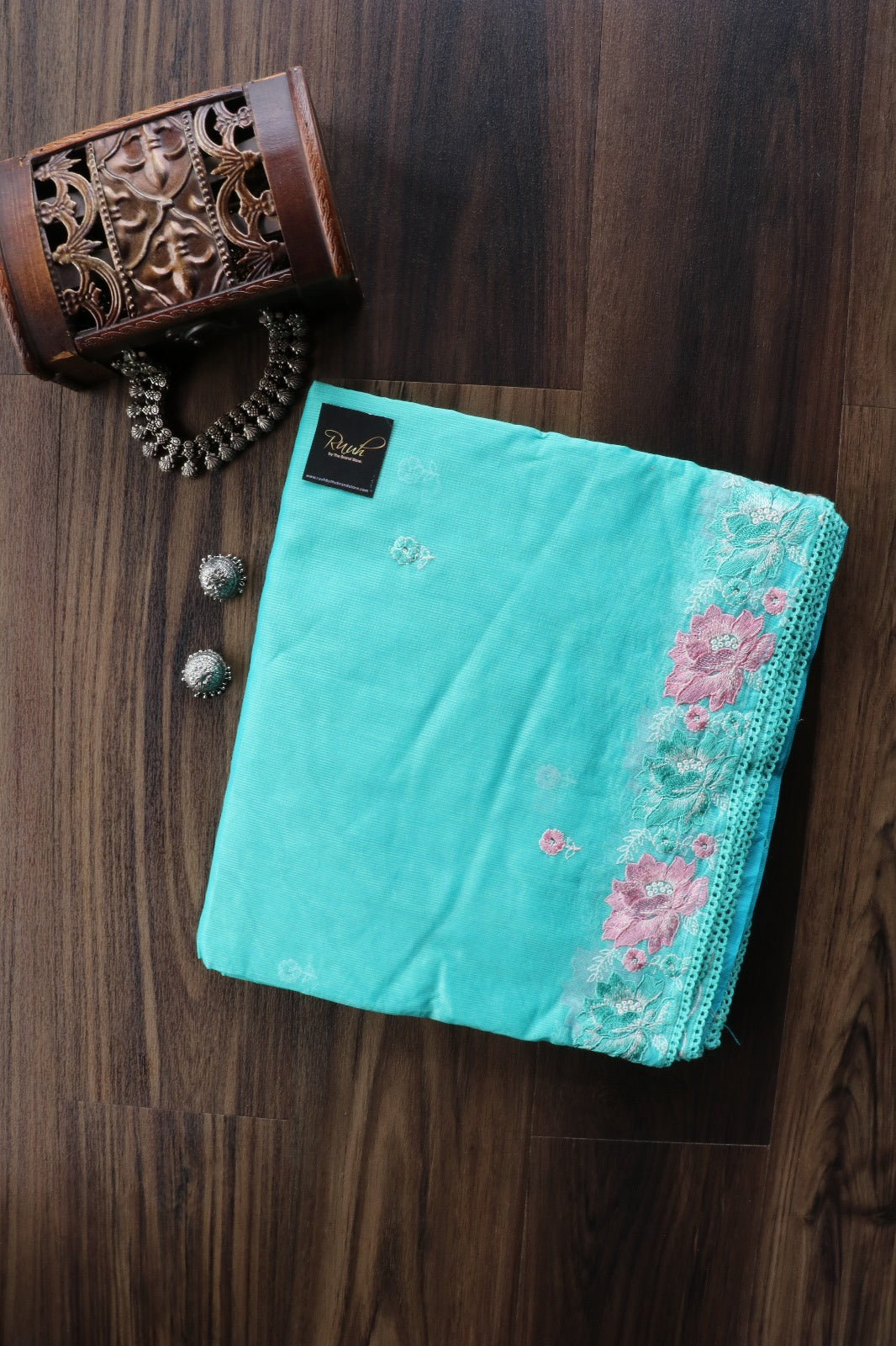 BLUE NET KOTA SAREE WITH FLORAL EMBROIDERY