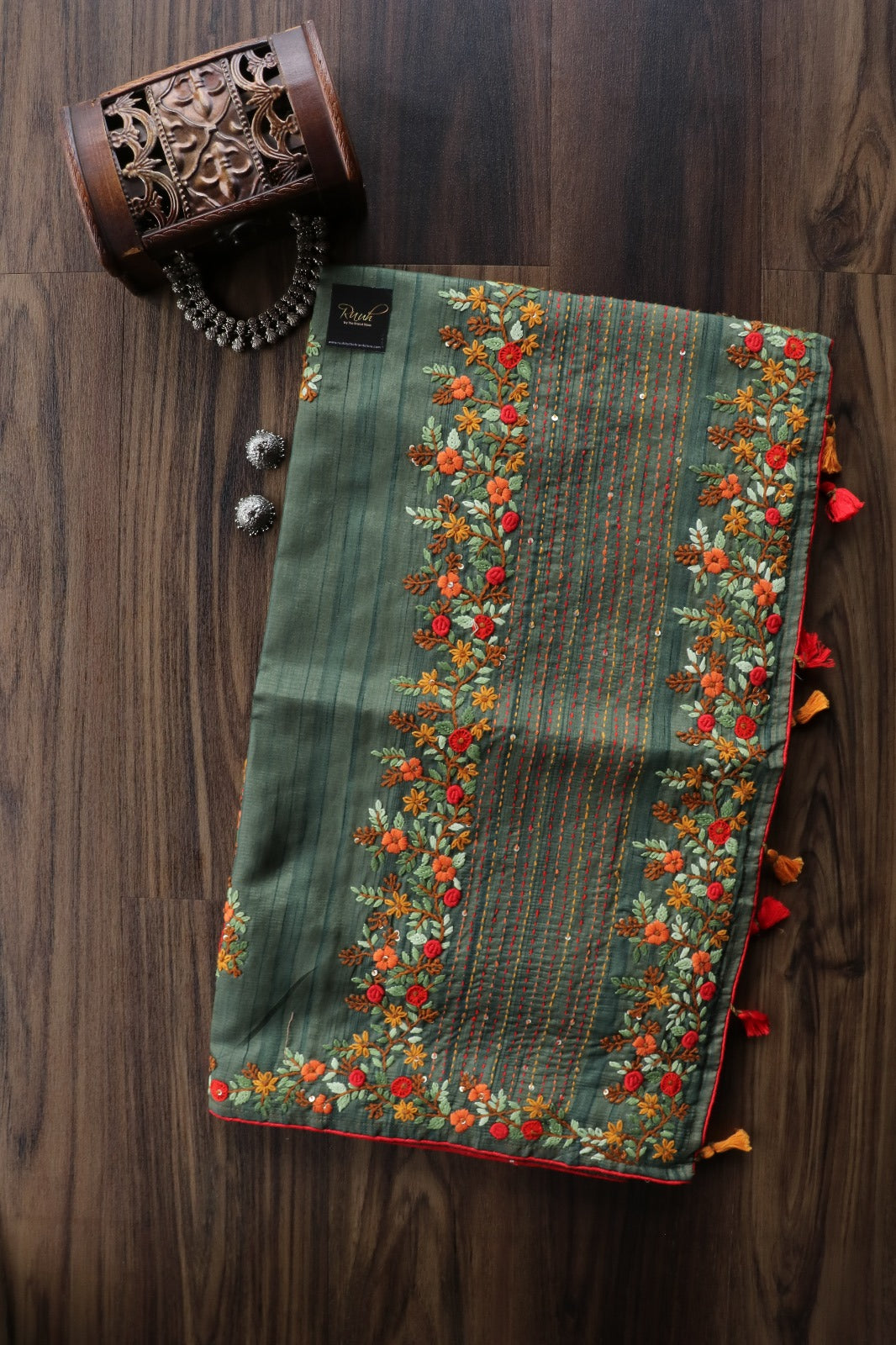 GREEN SEMI TUSSAR WITH HANDWORK