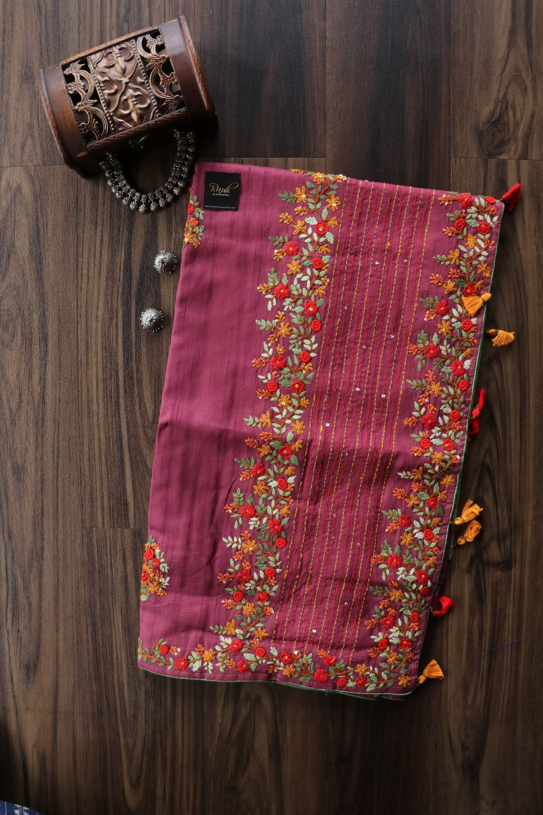 DARK MAUVE SEMI TUSSAR WITH HANDWORK