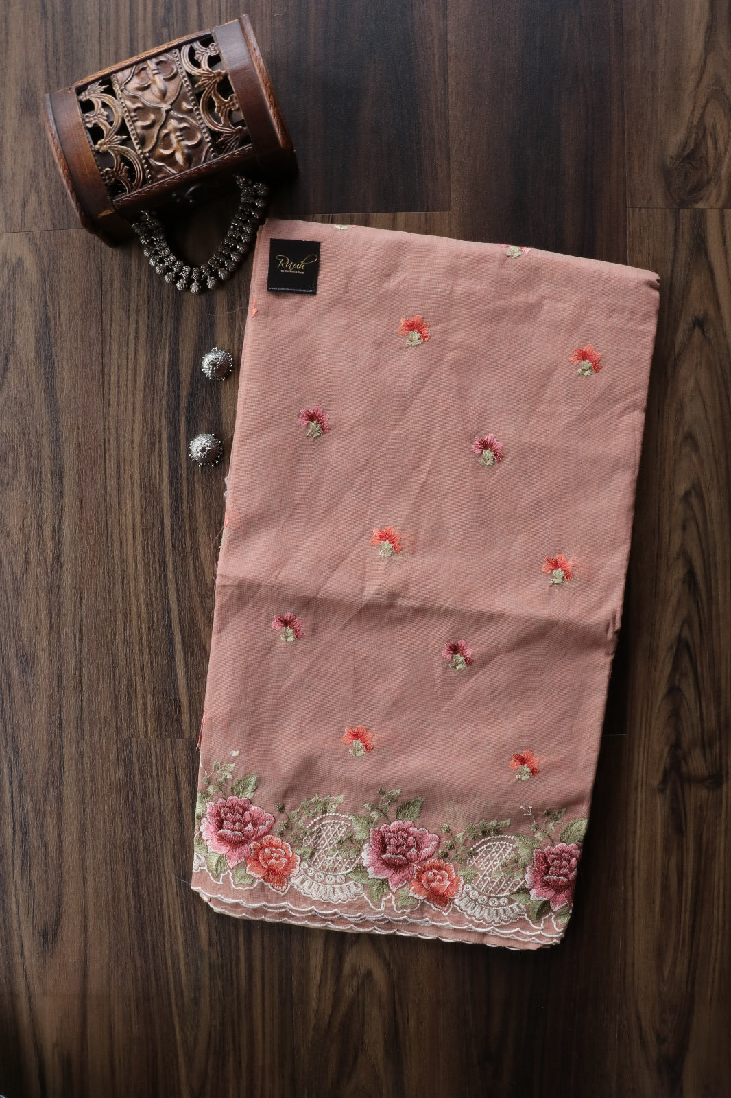 ONION PINK NET KOTA SAREE WITH FLORAL EMBROIDERY AND CUTWORK