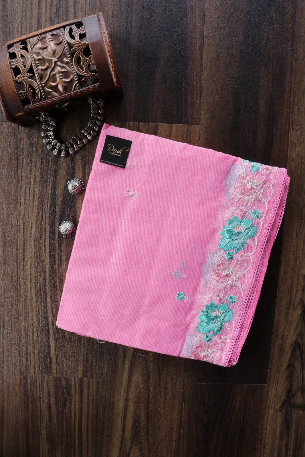 PINK NET KOTA SAREE WITH FLORAL EMBROIDERY