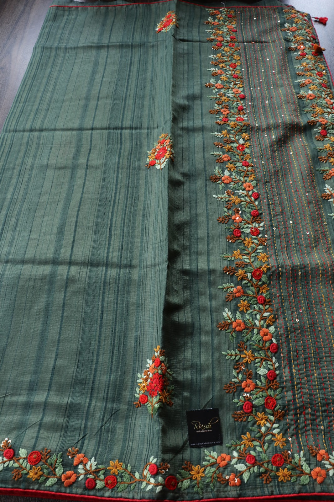 GREEN SEMI TUSSAR WITH HANDWORK
