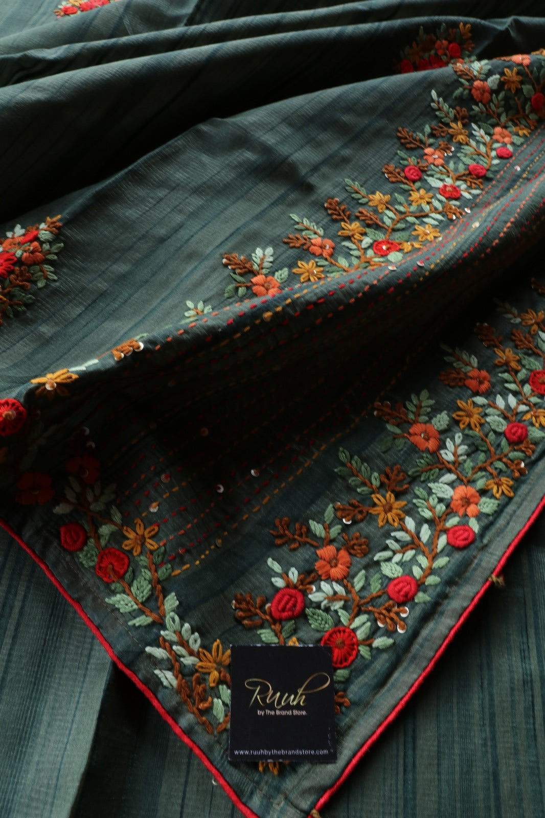 GREEN SEMI TUSSAR WITH HANDWORK