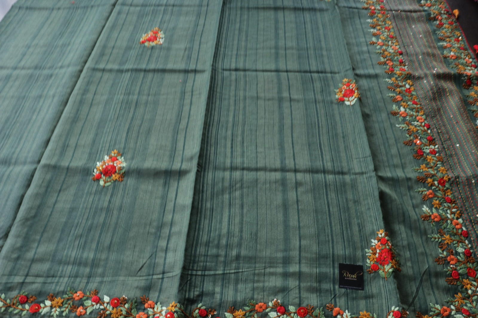 GREEN SEMI TUSSAR WITH HANDWORK