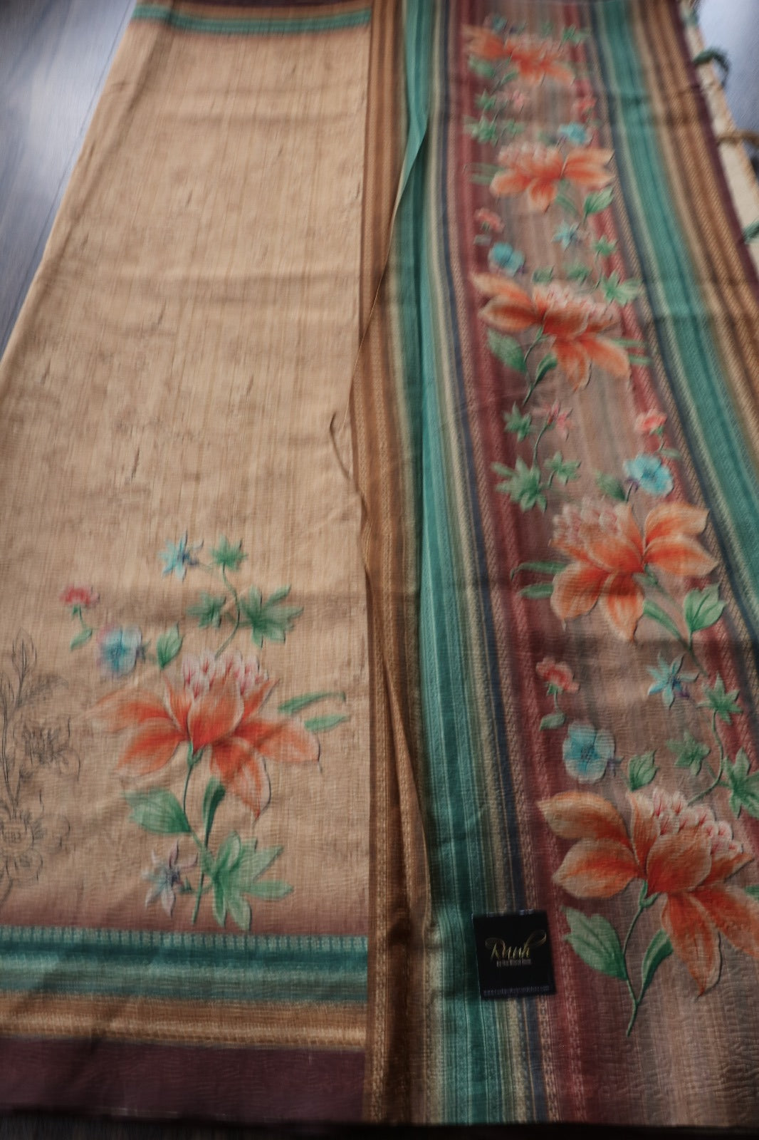 LIGHT BROWN BASE DIGITAL PRINTED CRUSH SILK SAREE