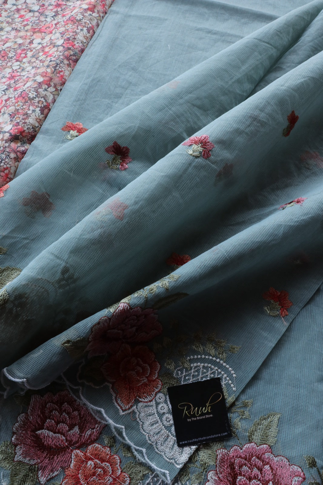 BLUE NET KOTA SAREE WITH FLORAL EMBROIDERY AND CUTWORK