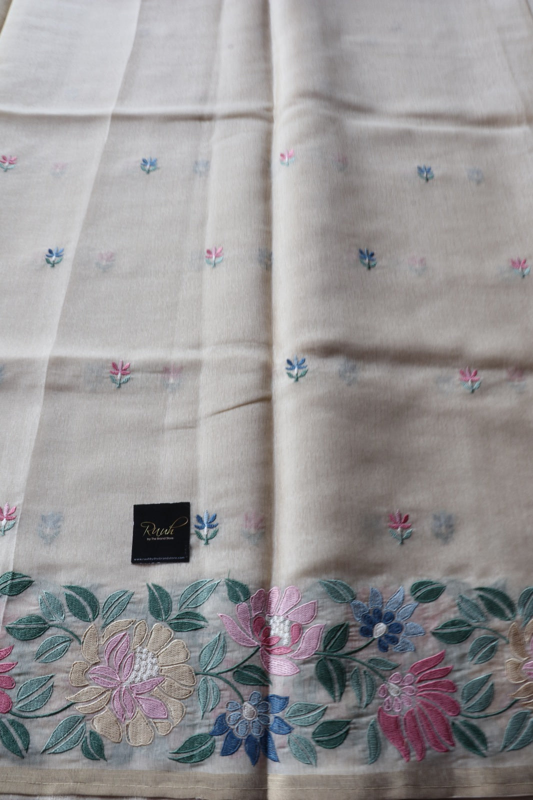 OFF WHITE SEMI TUSSAR WITH FLORAL EMBRODIERY