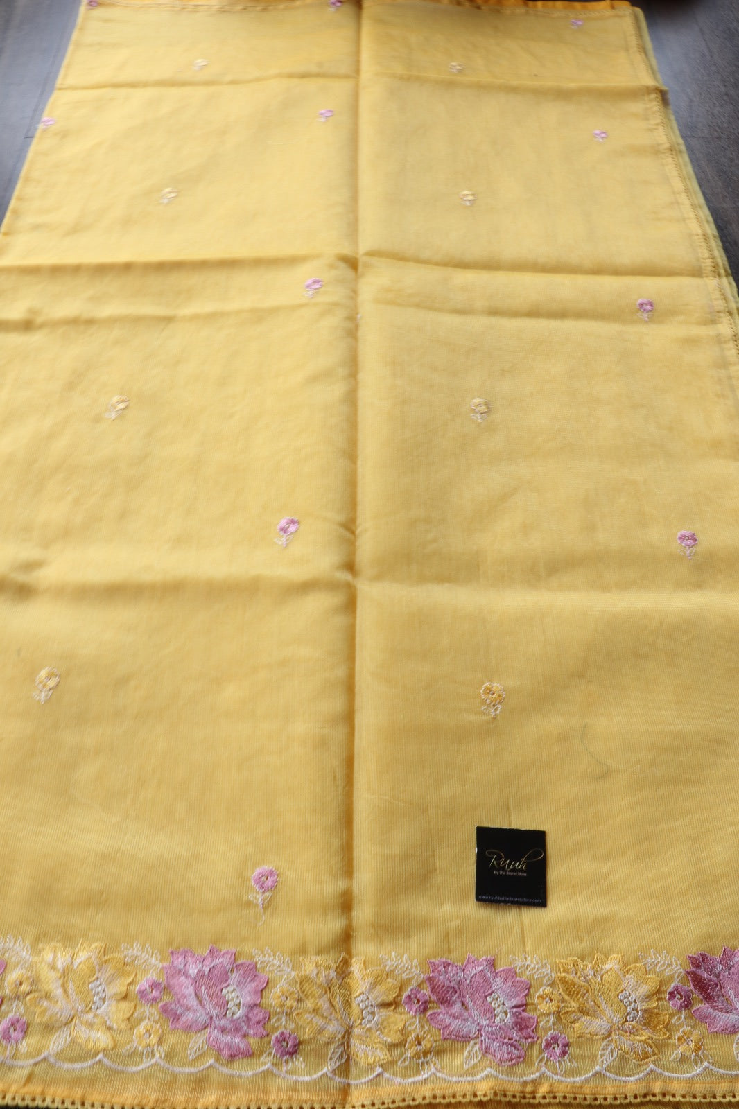 YELLOW NET KOTA SAREE WITH FLORAL EMBROIDERY