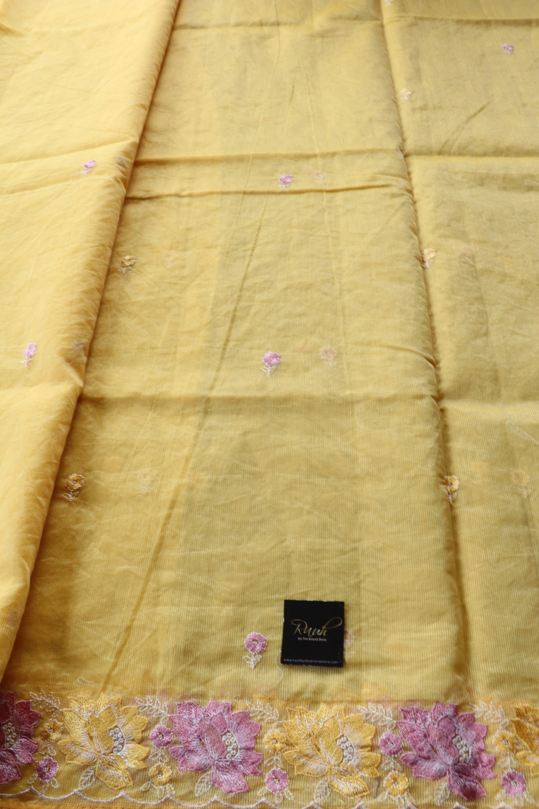YELLOW NET KOTA SAREE WITH FLORAL EMBROIDERY