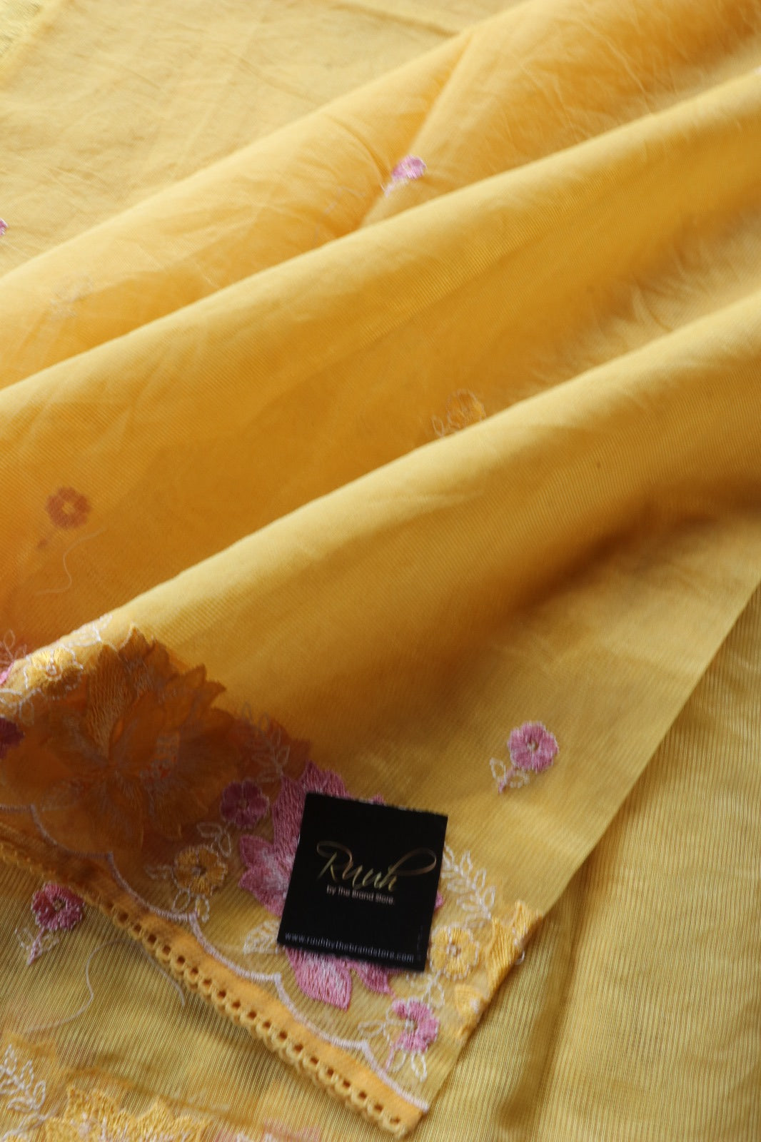 YELLOW NET KOTA SAREE WITH FLORAL EMBROIDERY