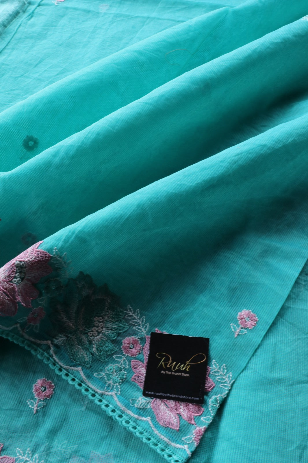 BLUE NET KOTA SAREE WITH FLORAL EMBROIDERY