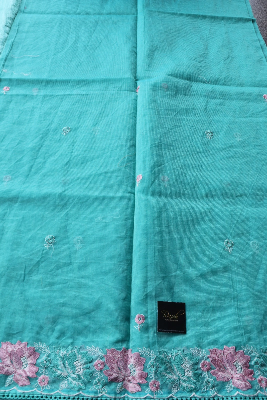 BLUE NET KOTA SAREE WITH FLORAL EMBROIDERY
