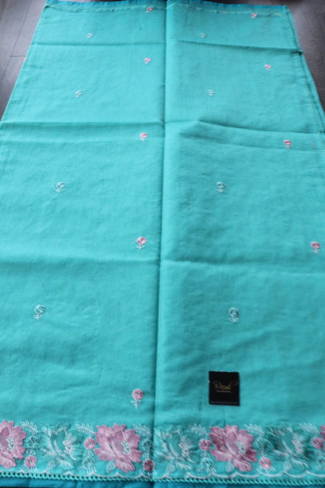BLUE NET KOTA SAREE WITH FLORAL EMBROIDERY