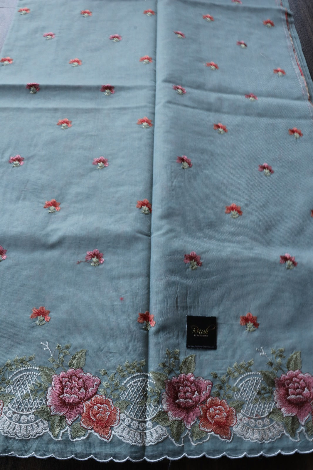 BLUE NET KOTA SAREE WITH FLORAL EMBROIDERY AND CUTWORK